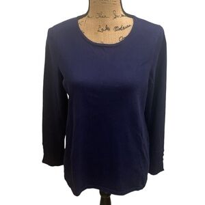 Chicos Navy Knit Crew Neck Sweater Covered Button Detail Pullover Size 1 (M)